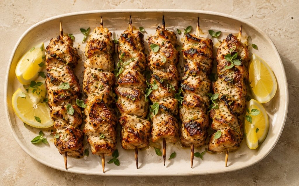 Greek chicken souvlaki skewers on a white plate with golden charred edges, fresh herbs, lemon wedges, and tzatziki on the side