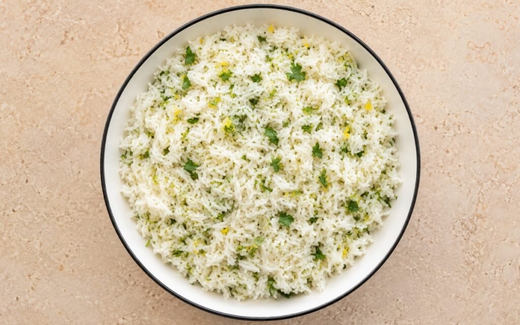 Greek lemon rice fluffy and garnished with fresh herbs and lemon zest