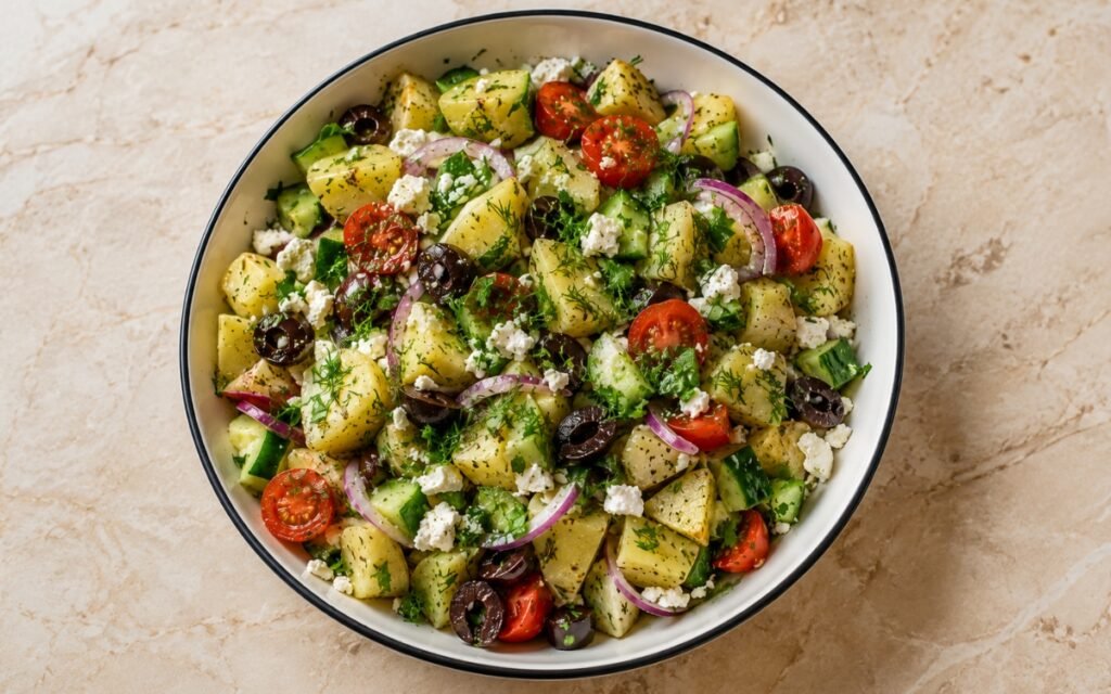Greek-style potato salad with feta, olives, and fresh herbs in a serving bowl