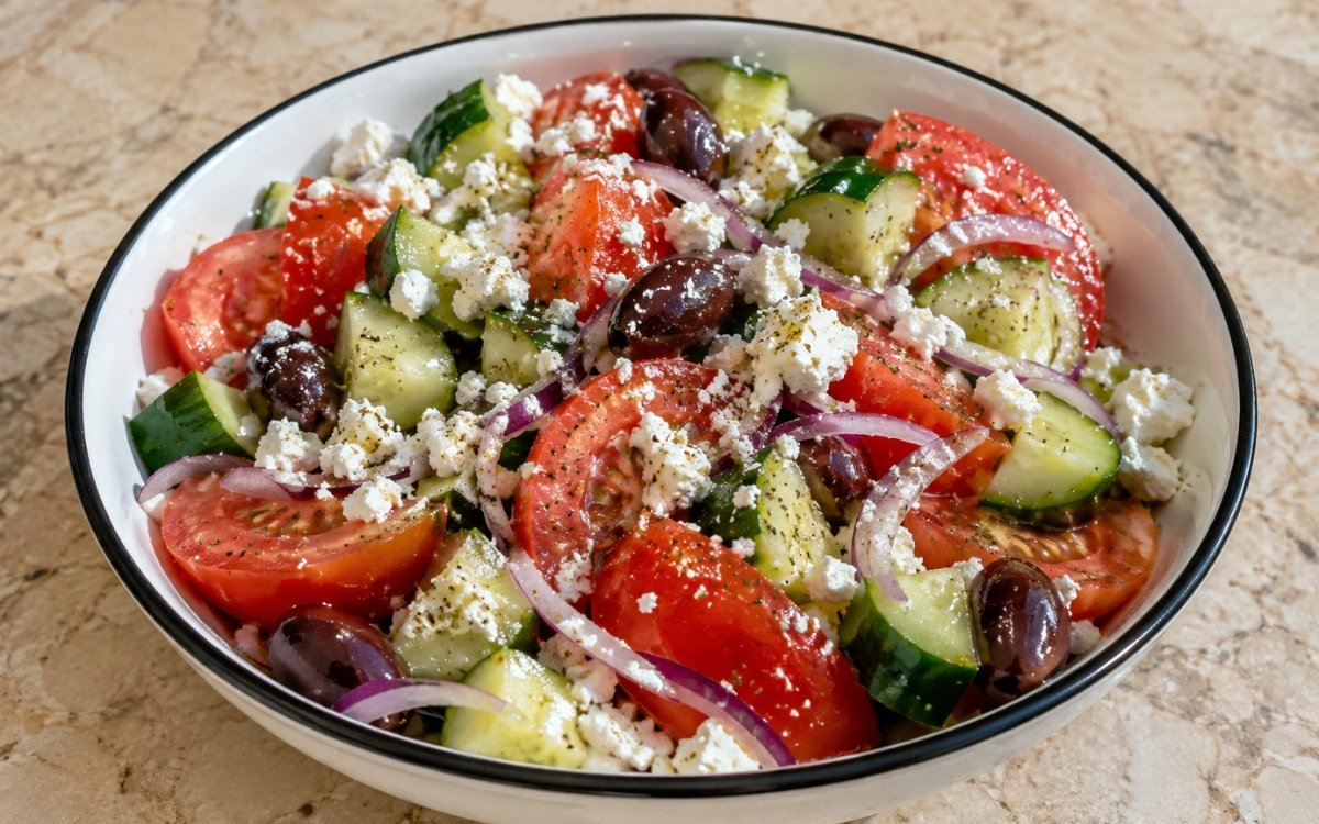Greek village side salad in a white bowl with chunky cucumbers, tomatoes, red onions, Kalamata olives, and crumbled feta cheese
