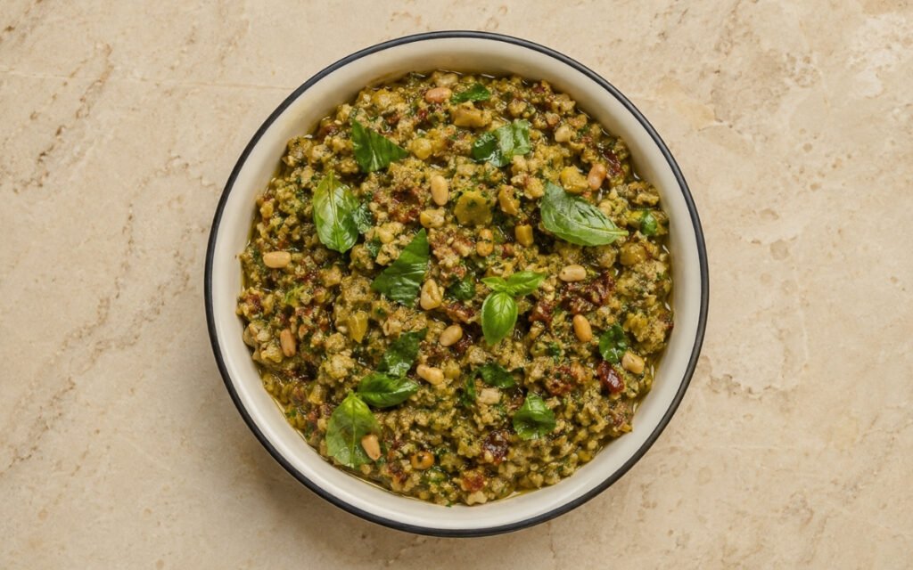 Green olive tapenade in a small bowl showing the coarse, bright green spread with visible pine nut pieces and basil flecks throughout, finished with an olive oil drizzle and fresh basil garnish on marble surface