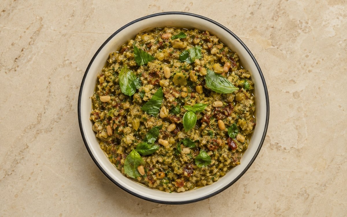 Green olive tapenade in a small bowl showing the coarse, bright green spread with visible pine nut pieces and basil flecks throughout, finished with an olive oil drizzle and fresh basil garnish on marble surface