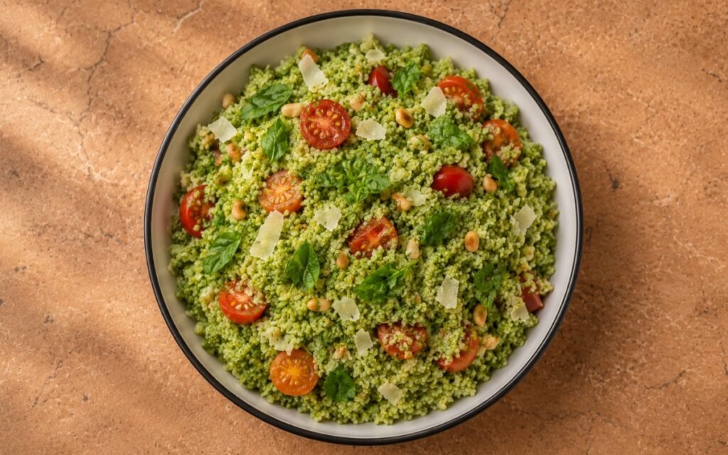 Green pesto couscous vibrant and garnished with cherry tomatoes and shaved Parmesan