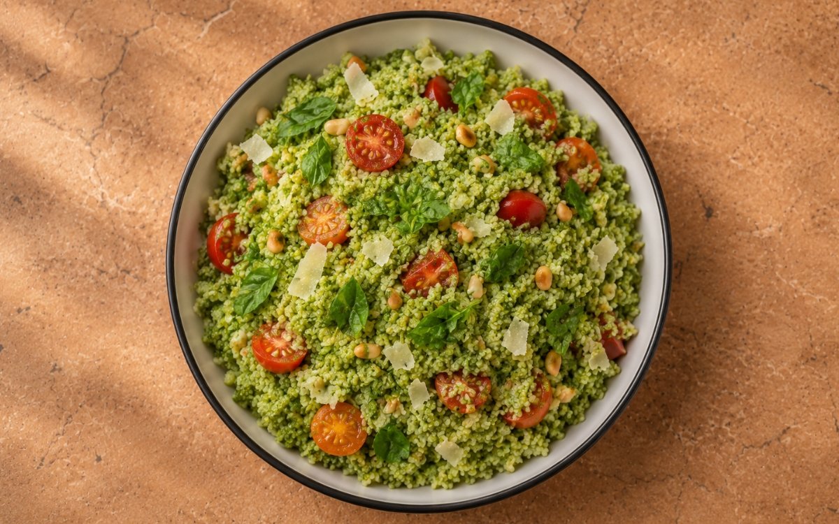 Green pesto couscous vibrant and garnished with cherry tomatoes and shaved Parmesan