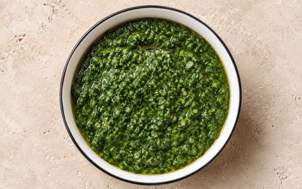 Green zhoug in a small white bowl showing vivid deep green colour with slightly coarse herb texture and olive oil sheen on marble surface with pita bread beside it