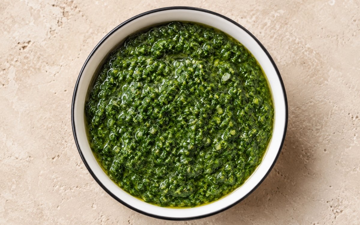 Green zhoug in a small white bowl showing vivid deep green colour with slightly coarse herb texture and olive oil sheen on marble surface with pita bread beside it