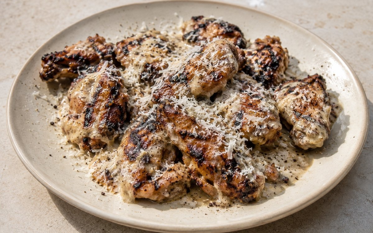Grilled chicken wings coated in glossy pale cacio e pepe cheese sauce with visible black pepper flecks and lightly charred skin on marble surface
