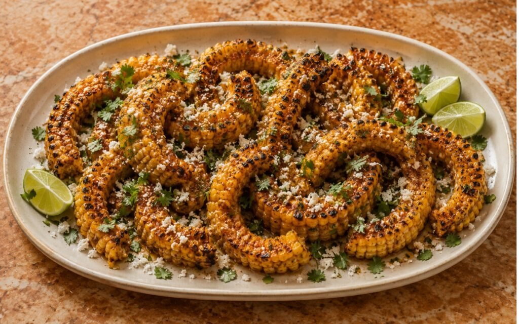 Grilled corn ribs on a serving platter showing deeply charred and caramelised curled corn quarters with chipotle butter glaze, crumbled cotija, fresh cilantro, and lime wedges on marble surface