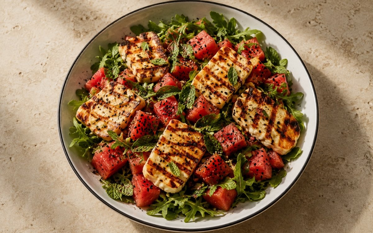 Grilled halloumi and watermelon salad on a wide shallow plate showing golden grilled halloumi slices with grill marks over watermelon cubes, arugula, fresh mint, and black sesame seeds with sesame-lime dressing on marble surface