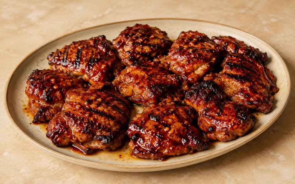 Grilled hot honey chicken thighs on a wooden board showing deeply caramelised glossy red surface with grill marks and visible hot honey glaze with cilantro lime rice and salsa verde beside it