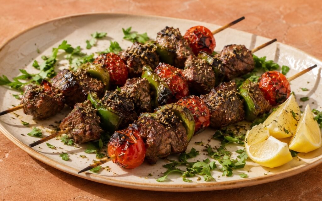 Grilled lamb kebabs on a board showing charred lamb cubes with blistered cherry tomatoes and charred green pepper on skewers, finished with za'atar and fresh parsley, with pita bread and lemon wedges alongside on marble surface