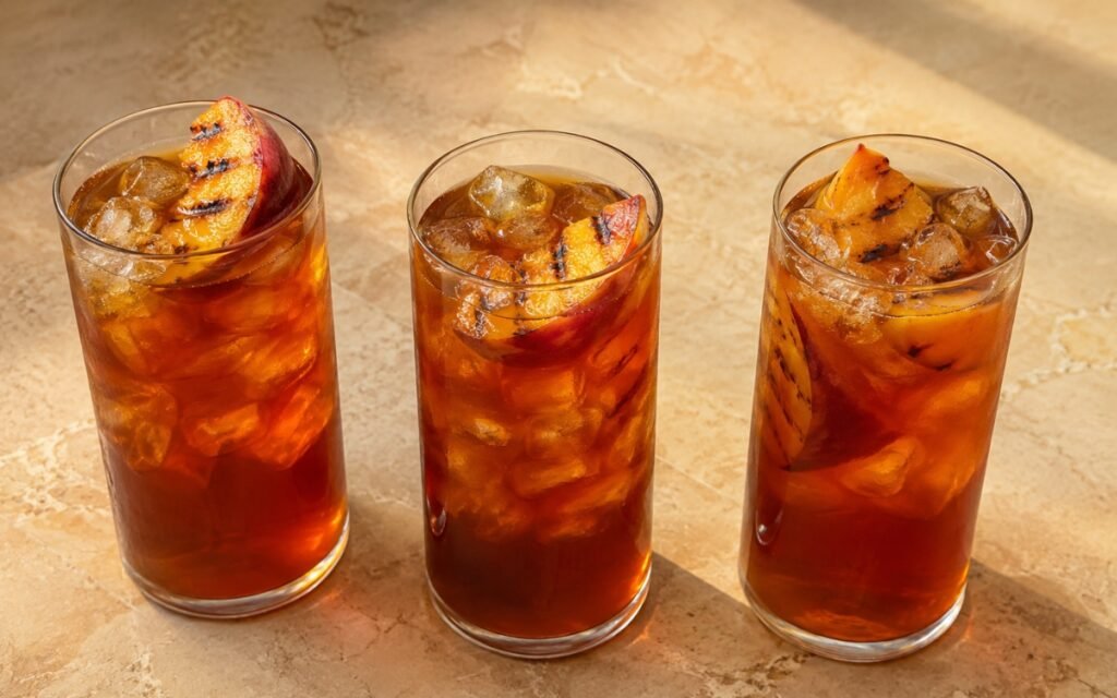 Grilled peach black iced tea in a tall glass showing warm amber still drink over ice with grilled peach slices on marble surface