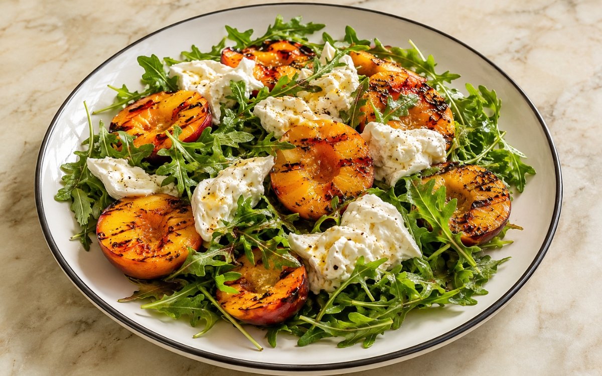 Grilled peach and burrata salad with arugula, fresh basil, and toasted pine nuts on a white platter