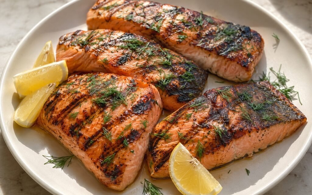 Grilled salmon fillets with crisp golden skin garnished with fresh dill and lemon wedges