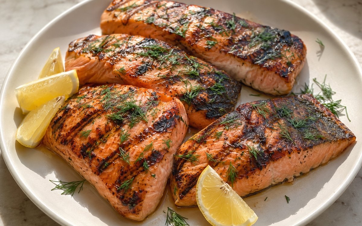 Grilled salmon fillets with crisp golden skin garnished with fresh dill and lemon wedges