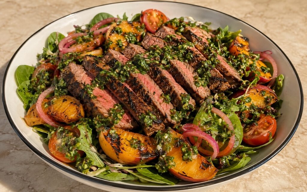 Overhead view of grilled steak and peach chimichurri salad in a white bowl with sliced medium-rare steak, caramelised peach wedges, pickled red onion rings, cherry tomatoes, and fresh greens on a grey marble surface