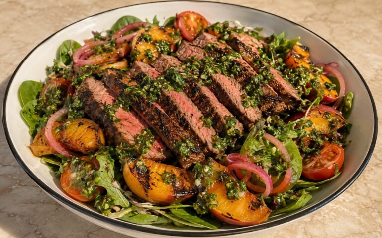 Overhead view of grilled steak and peach chimichurri salad in a white bowl with sliced medium-rare steak, caramelised peach wedges, pickled red onion rings, cherry tomatoes, and fresh greens on a grey marble surface