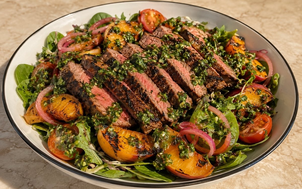 Overhead view of grilled steak and peach chimichurri salad in a white bowl with sliced medium-rare steak, caramelised peach wedges, pickled red onion rings, cherry tomatoes, and fresh greens on a grey marble surface