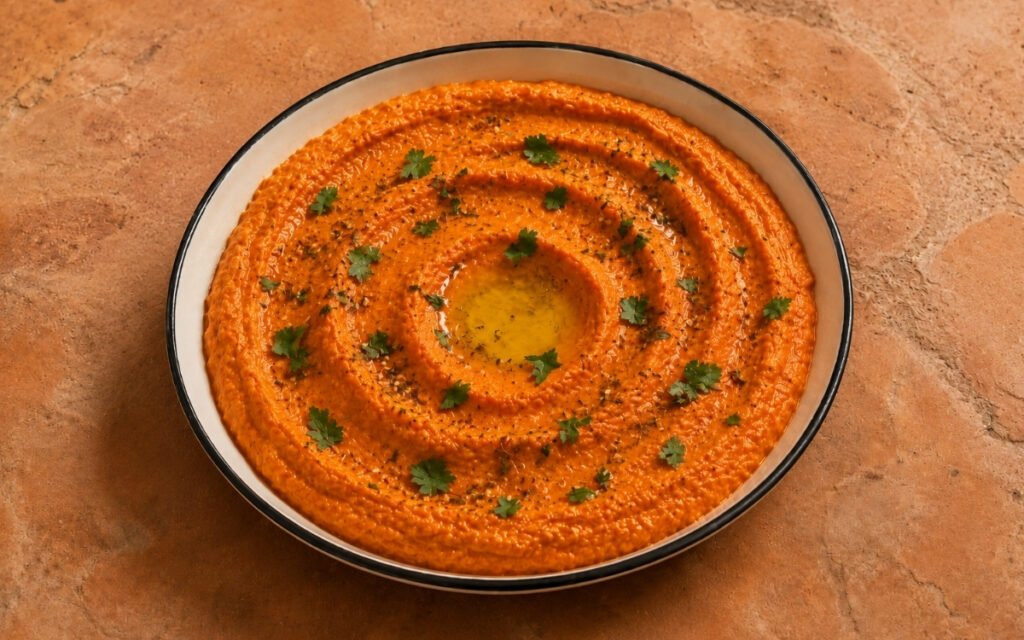 Harissa and mint hummus in a wide white bowl showing warm reddish-orange colour with olive oil drizzle, za'atar garnish, fresh parsley, and mint leaves on marble surface