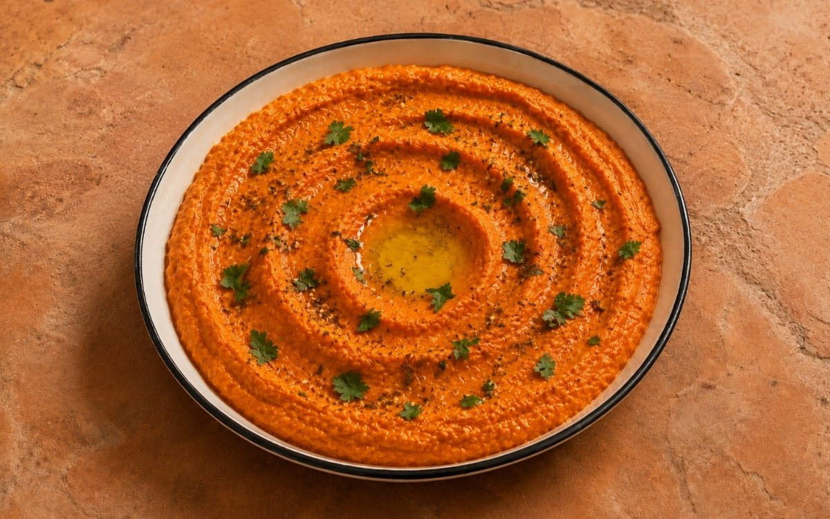 Harissa and mint hummus in a wide white bowl showing warm reddish-orange colour with olive oil drizzle, za'atar garnish, fresh parsley, and mint leaves on marble surface