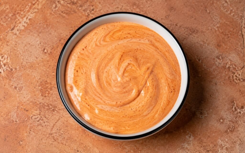 Harissa yogurt sauce in a white bowl showing pale orange-pink creamy sauce with swirl of harissa