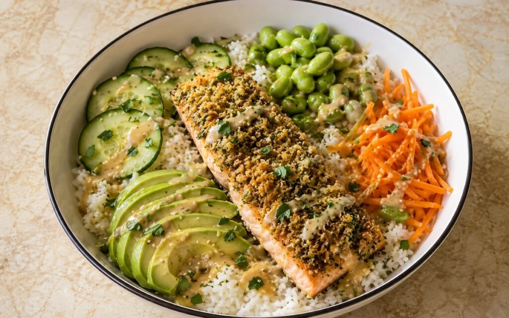 Herb-crusted salmon rice bowl with golden panko herb crust salmon fillet over jasmine rice, cucumber rounds, edamame, julienned carrots, sliced avocado, lemon-miso dressing and sesame seeds in a white ceramic bowl with black rim