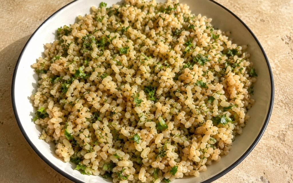 Herbed brown rice fluffy and garnished with fresh parsley