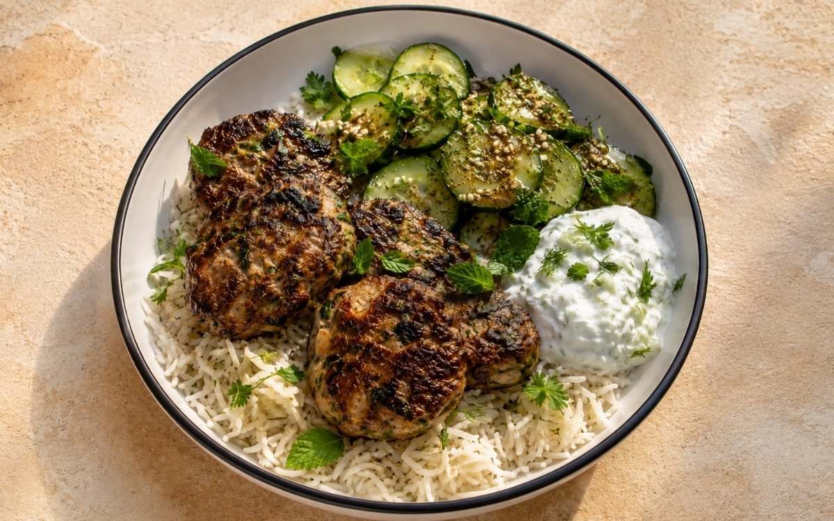 Four golden herby turkey burgers in a ceramic bowl with Za'atar cucumber salad and creamy tzatziki, styled on a grey marble surface