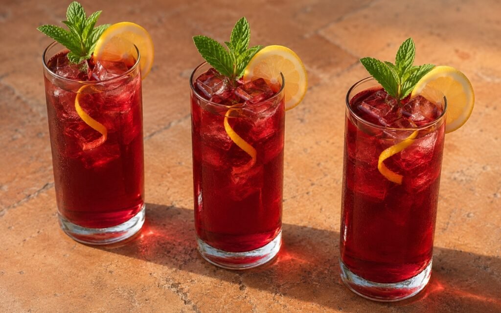 Hibiscus white iced tea in a tall glass showing vivid ruby still drink over ice with a lemon peel strip on marble surface