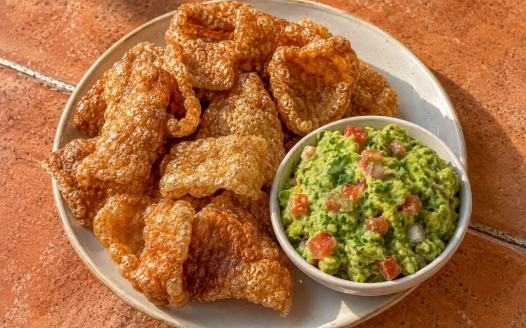 Pile of golden, deeply puffed homemade chicharrones beside a bowl of chunky guacamole with visible avocado, tomato, and onion pieces on marble surface