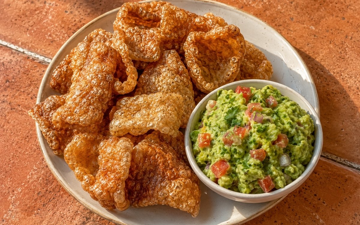 Pile of golden, deeply puffed homemade chicharrones beside a bowl of chunky guacamole with visible avocado, tomato, and onion pieces on marble surface