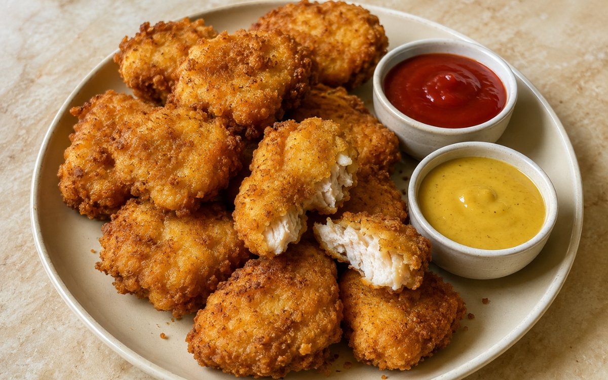 Pile of golden-brown homemade chicken nuggets with a craggy crisp crust, served with ketchup and honey mustard dipping sauces on marble surface