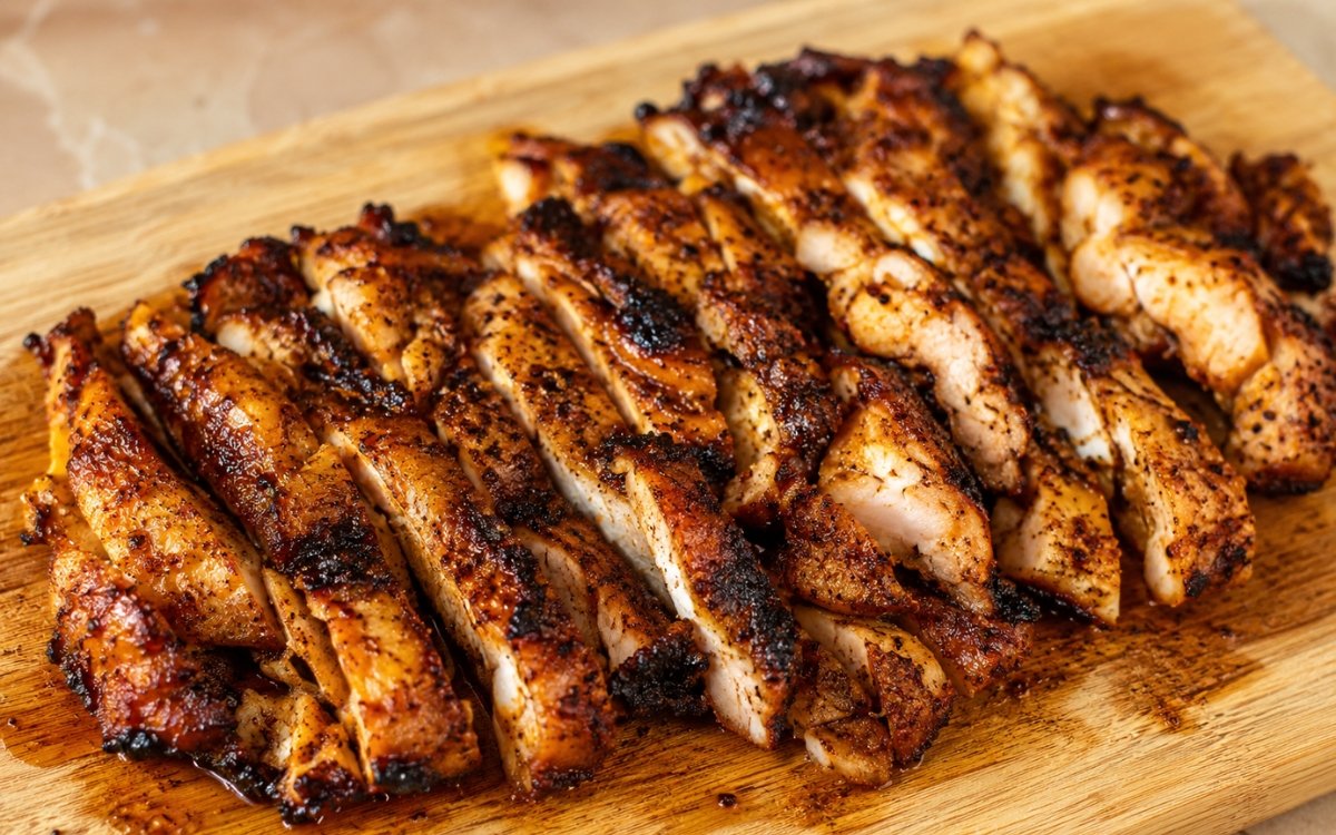 Homemade chicken shawarma sliced against the grain showing deep char and warm spice coating
