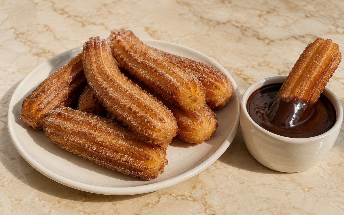 Pile of golden-brown ridged churros coated in cinnamon sugar beside a small cup of thick glossy chocolate dipping sauce on marble surface