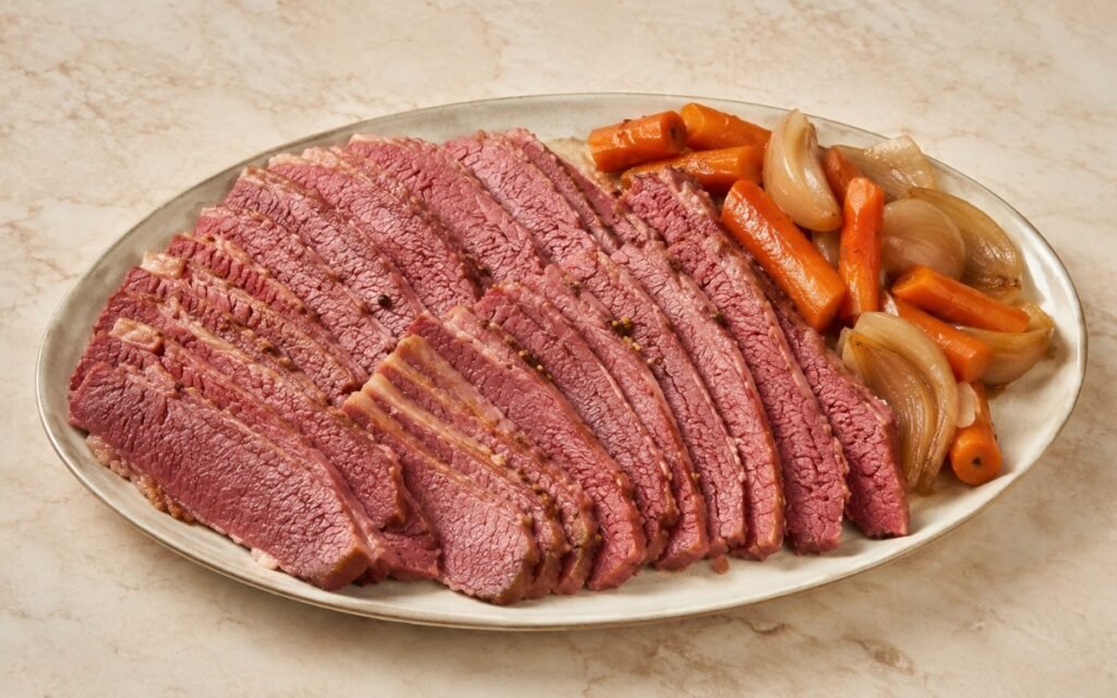 Sliced homemade corned beef showing the classic deep pink cured colour, arranged on a platter with simmered carrots and onion on marble surface