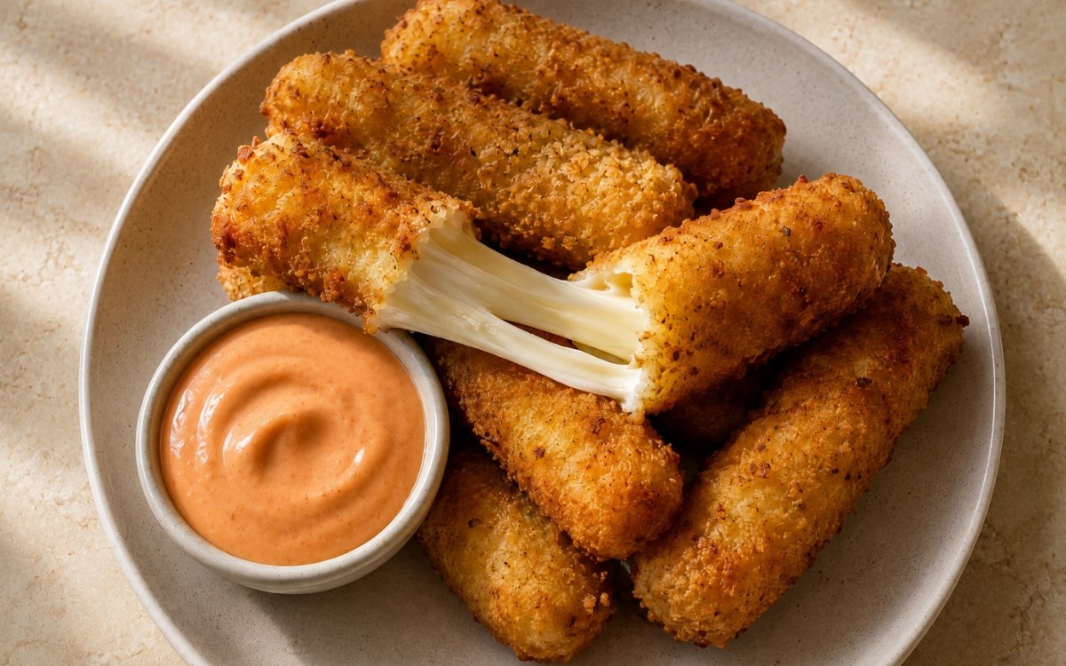 Crispy homemade mozzarella sticks on a wire rack showing deeply golden, evenly crisped double-coated sticks with one broken open revealing a full stretch of molten mozzarella and a small bowl of bold dipping sauce on marble surface