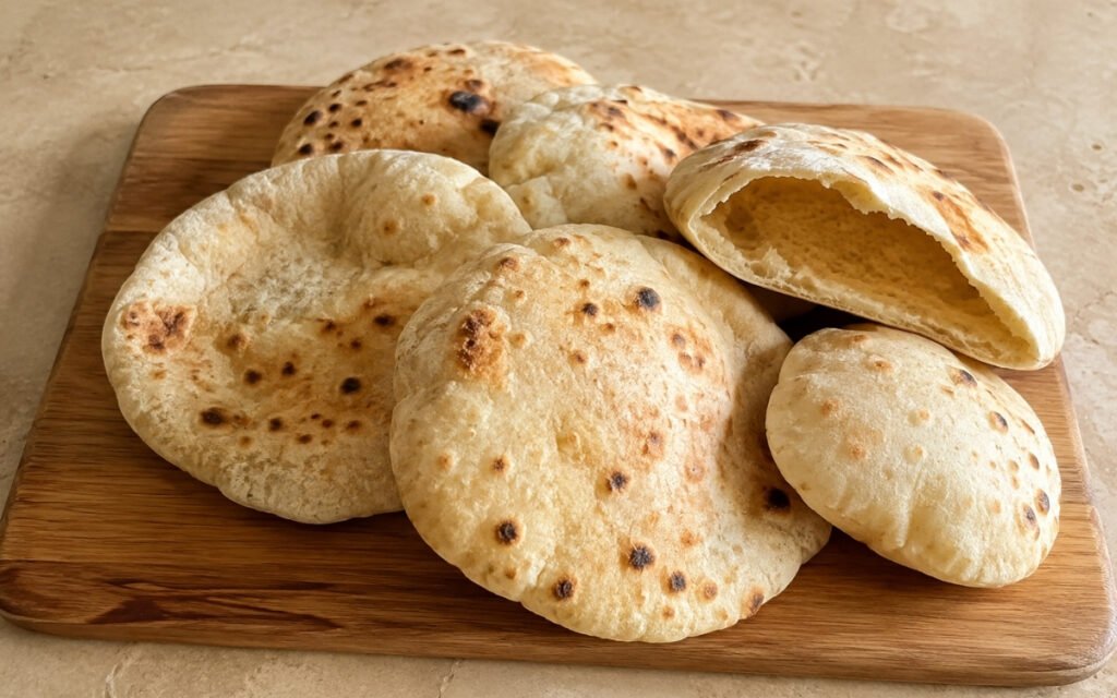 Stack of homemade pita flatbreads showing soft golden surface with char spots on a cloth-lined basket with hummus and fresh herbs beside it on marble surface