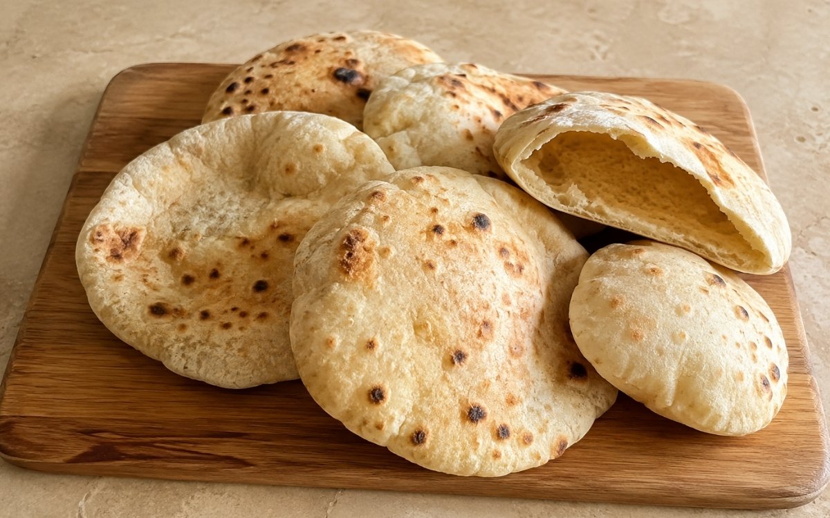 Stack of homemade pita flatbreads showing soft golden surface with char spots on a cloth-lined basket with hummus and fresh herbs beside it on marble surface