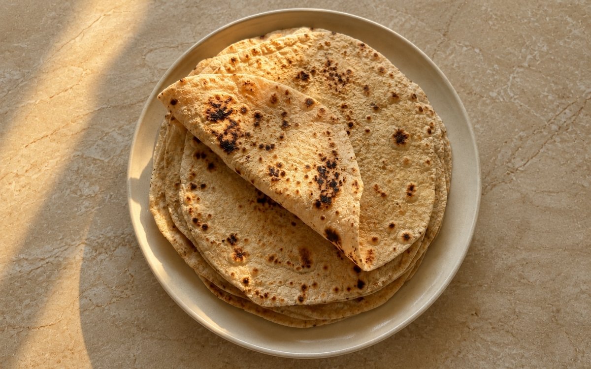 Stack of homemade wheat tortillas showing irregular char spots and soft, pliable texture on a wooden board with flour dusting