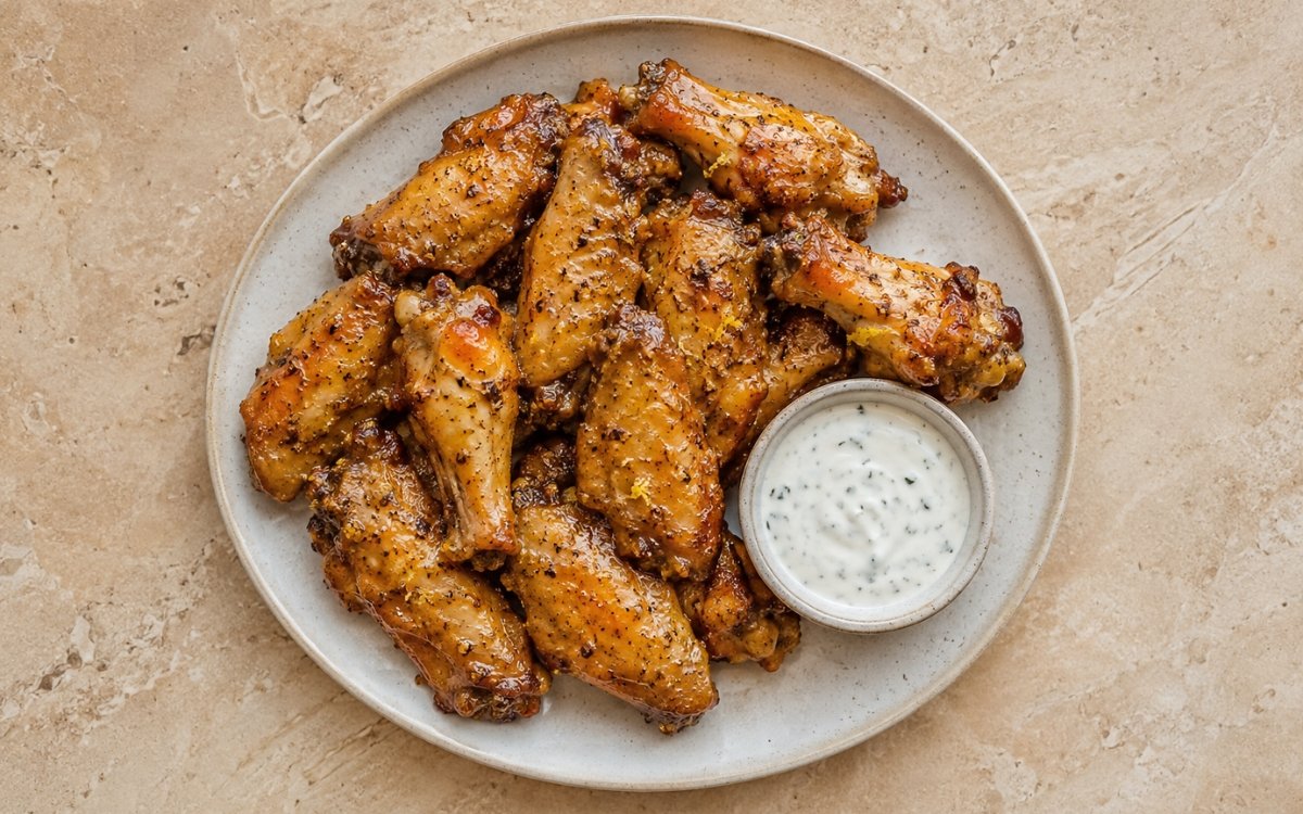 crispy honey lemon pepper wings with ranch dip on white plate