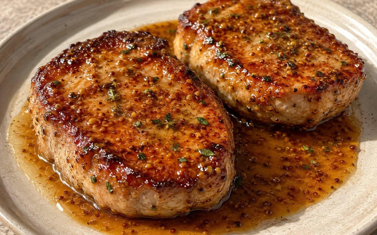 Honey mustard pork chops with sticky caramelized glaze on a plate