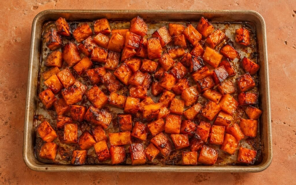 Honey roasted sweet potatoes glazed and caramelized on a baking sheet