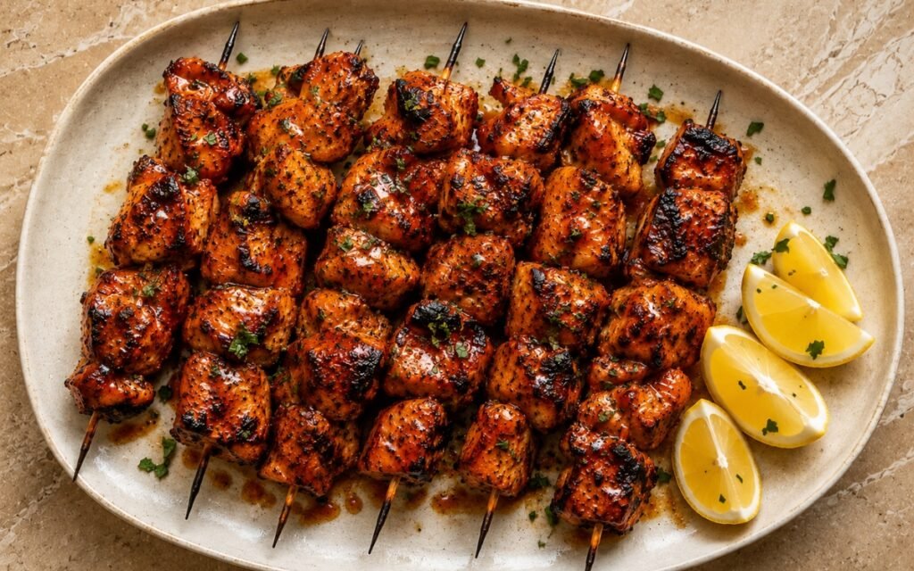Overhead close shot on a warm cream ceramic platter on a warm beige marble surface. Grilled marinated chicken skewers with visible char marks and caramelized edges on the meat cubes threaded onto skewers, arranged in a row. Fresh chopped parsley scattered and lemon wedges alongside. Warm afternoon natural light, the charred chicken skewers the visual.
