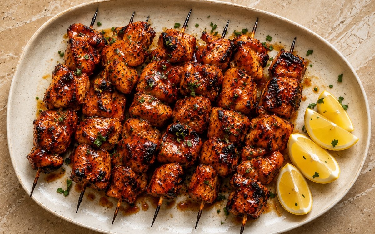 Overhead close shot on a warm cream ceramic platter on a warm beige marble surface. Grilled marinated chicken skewers with visible char marks and caramelized edges on the meat cubes threaded onto skewers, arranged in a row. Fresh chopped parsley scattered and lemon wedges alongside. Warm afternoon natural light, the charred chicken skewers the visual.