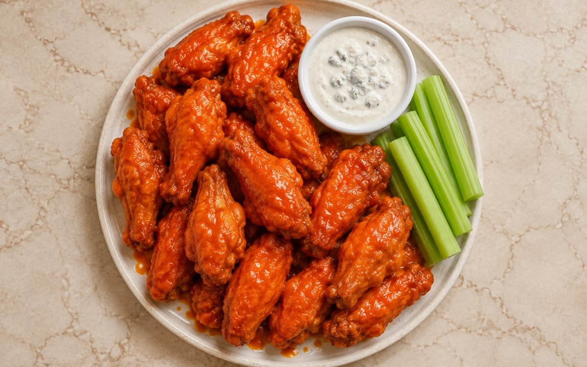 Glossy orange-red Buffalo chicken wings piled on a platter beside a bowl of blue cheese dressing and crisp celery sticks on marble surface