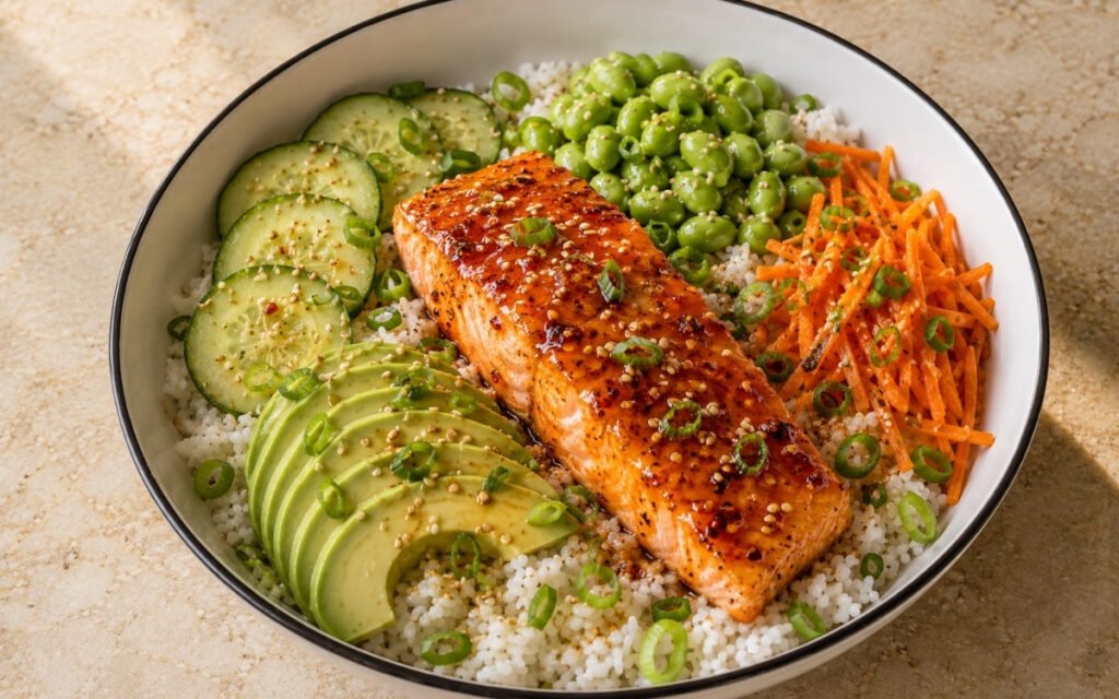 Hot honey salmon rice bowl with glazed salmon fillet in amber hot honey with gochugaru flakes over jasmine rice, cucumber, avocado, edamame, julienned carrots, scallions and sesame seeds in a white ceramic bowl with black rim