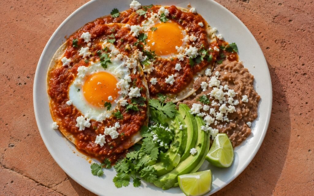 Two huevos rancheros plates showing fried eggs with bright orange-yellow yolks on warm corn tortillas covered in chunky red ranchero sauce, beside fanned avocado, queso fresco, and refried beans on marble surface