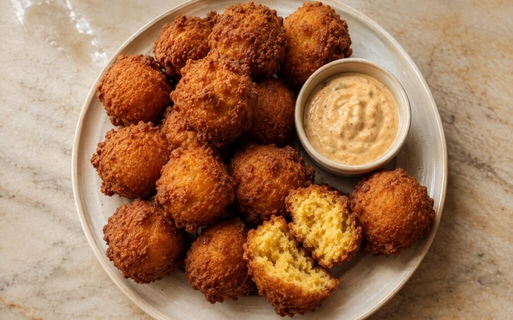 Golden fried hush puppies piled on a plate with visible crisp exterior, served beside a bowl of tangy remoulade for dipping on marble surface