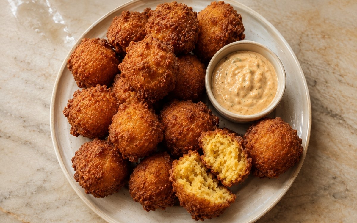 Golden fried hush puppies piled on a plate with visible crisp exterior, served beside a bowl of tangy remoulade for dipping on marble surface