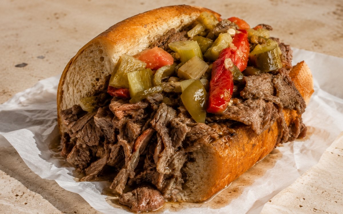 Italian beef sandwich showing thin-sliced juicy roast beef spilling from a crusty French roll, topped with green giardiniera and roasted sweet peppers on marble surface